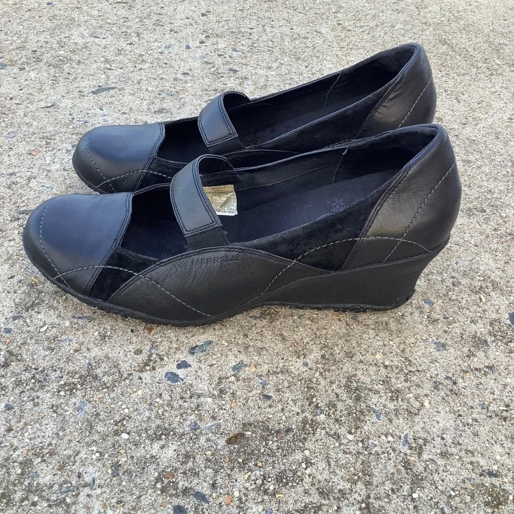 Merrell Orchid Black Leather Suede Mary Jane Wedge Shoes J46204 Vibram Womens 11